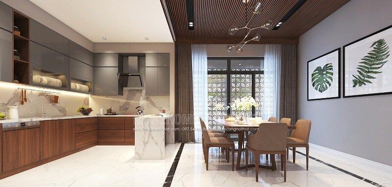 Bố trí nội thất phòng bếp liền phòng ăn đẹp, hiện đại, tinh tế cho biệt thự, nhà phố tại Vinh, Nghệ An.