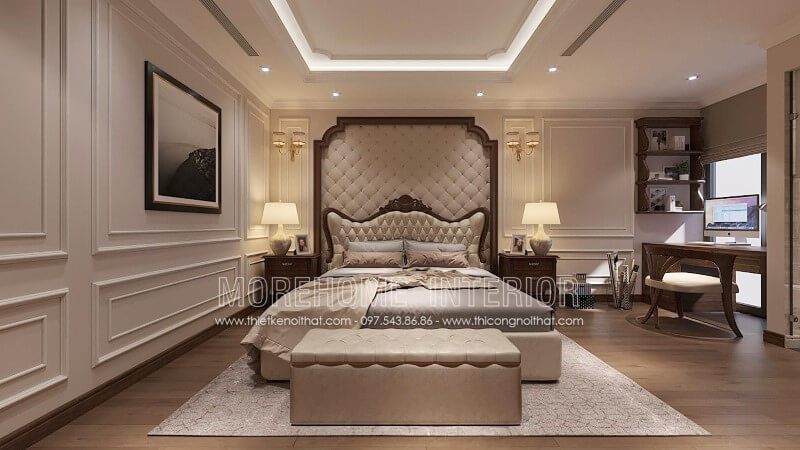 Thiết kế giường ngủ gỗ óc chó bọc da tân cổ điển cao cấp cho biệt thự